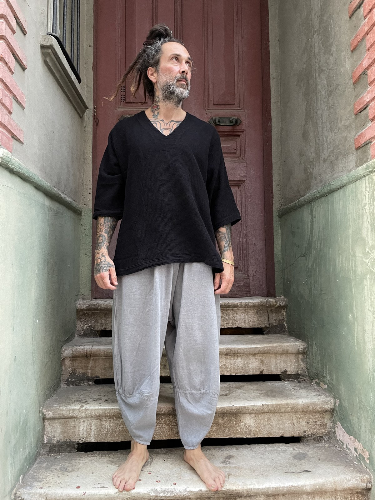 Bohem V Yaka Oversize Kahve Erkek Tişört Gömlek