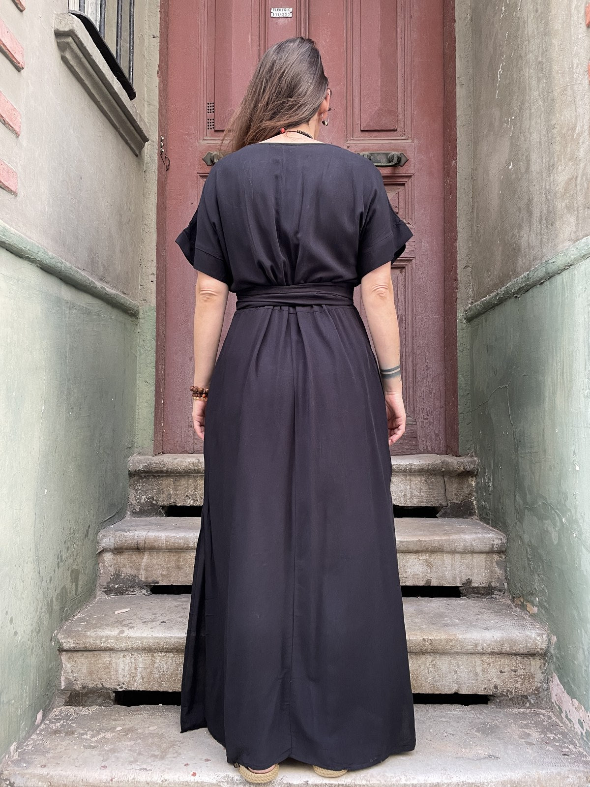 Bohem V Yakalı Uzun Elbise