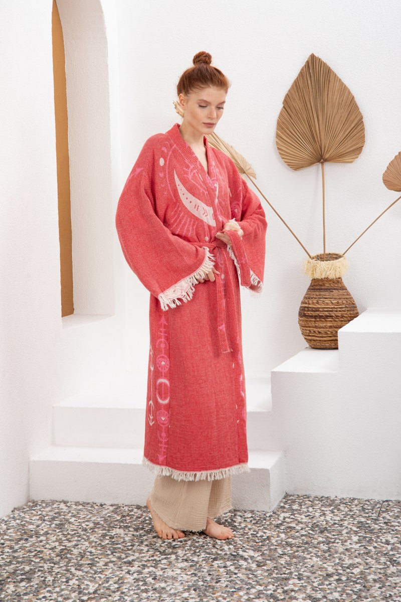 Soft Kırmızı Bohem Kadın Göz Desenli Doğal Kumaş Kimono Bornoz Kaftan
