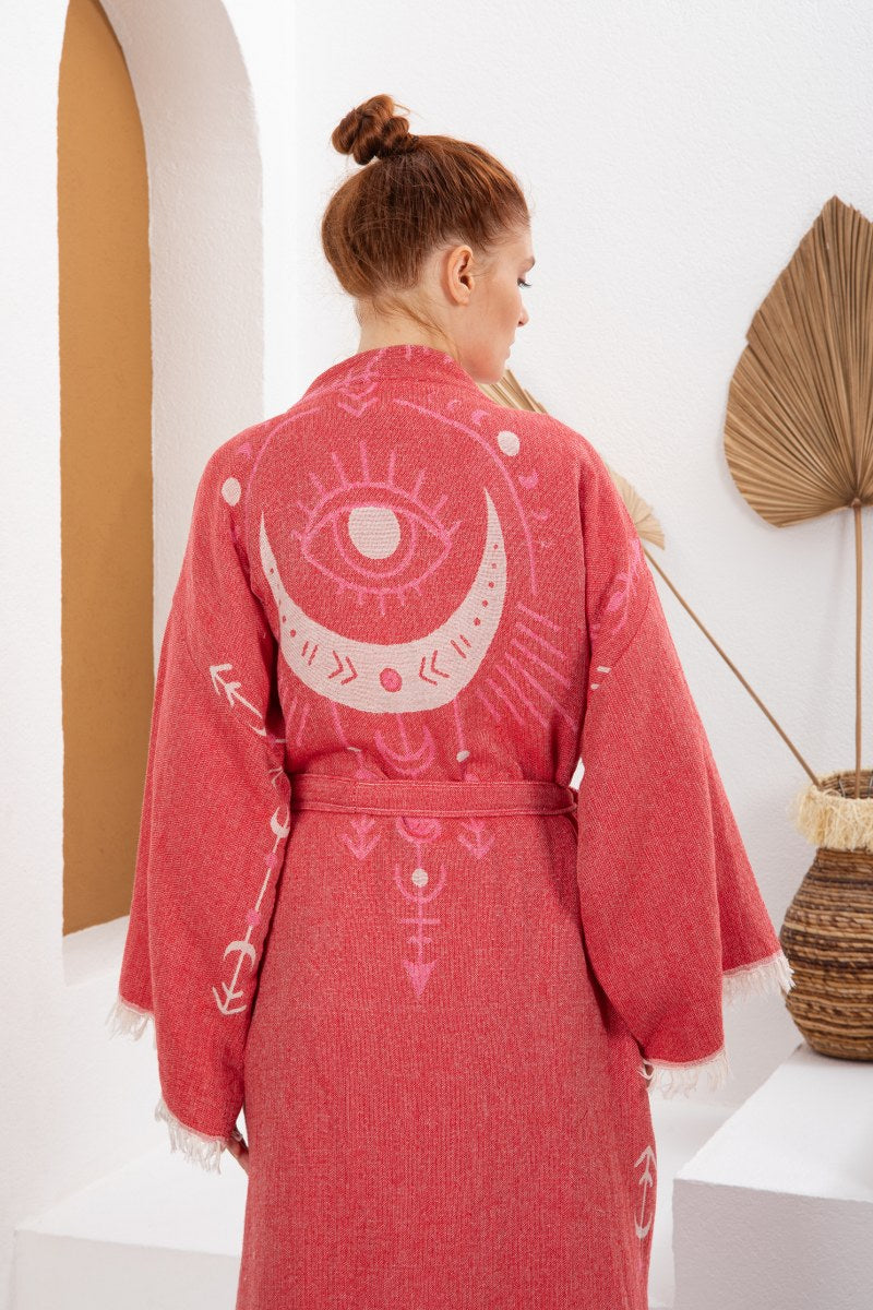 Soft Kırmızı Bohem Kadın Göz Desenli Doğal Kumaş Kimono Bornoz Kaftan