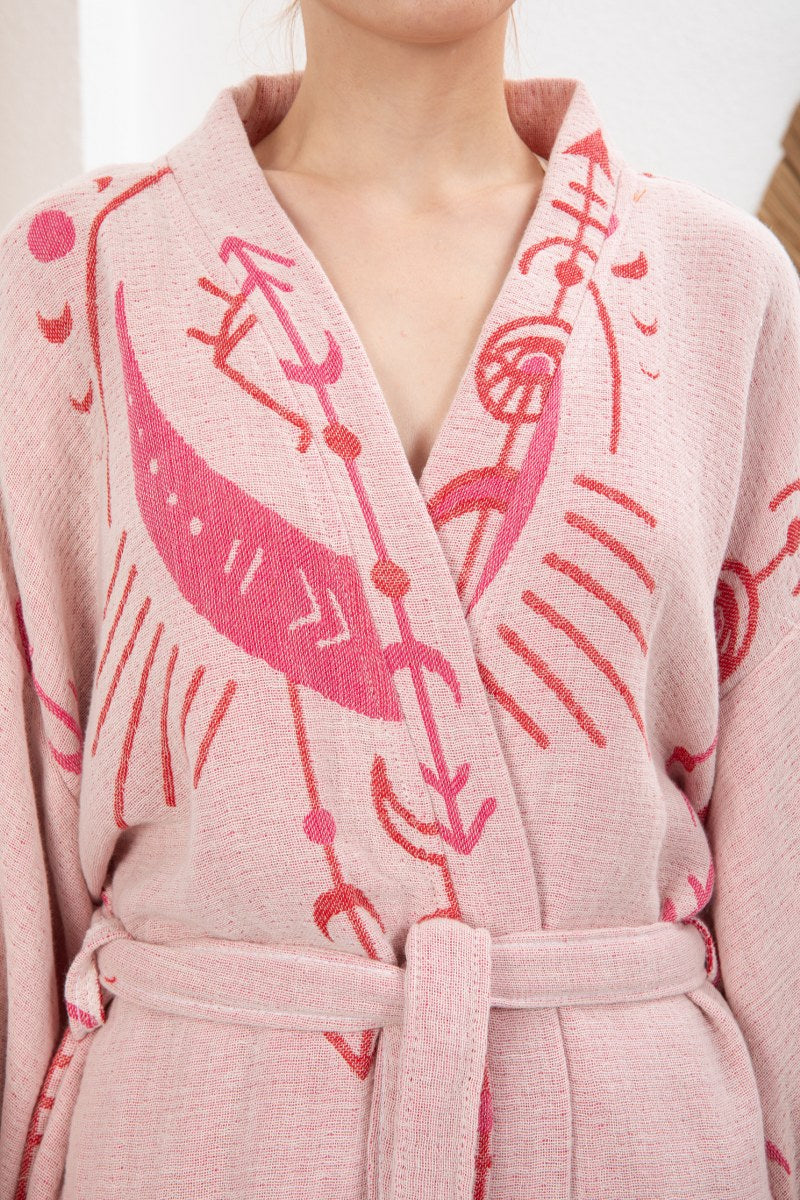 Soft Pembe Bohem Kadın Göz Desenli Doğal Kumaş Kimono Bornoz Kaftan