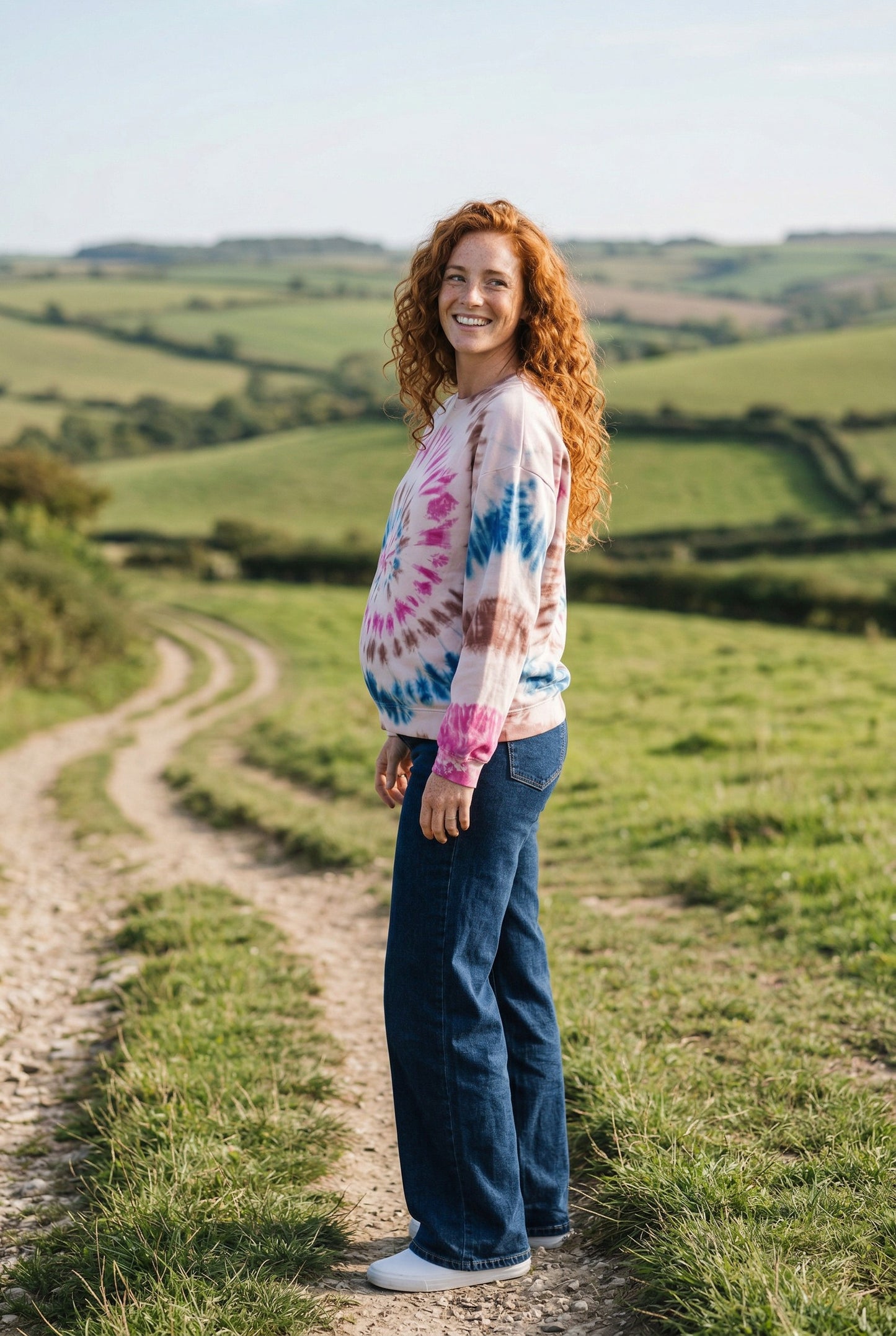 Batik Desenli Oversize Kadın Sweatshirt – %100 Pamuk, Pembe Mavi Spiral