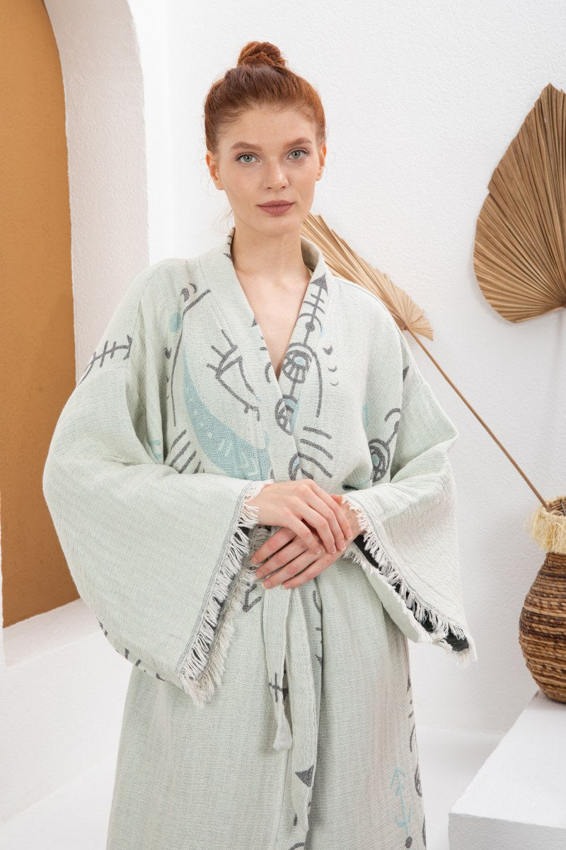 Su Yeşili Bohem Kadın Göz Desenli Doğal Kumaş Kimono Bornoz Kaftan