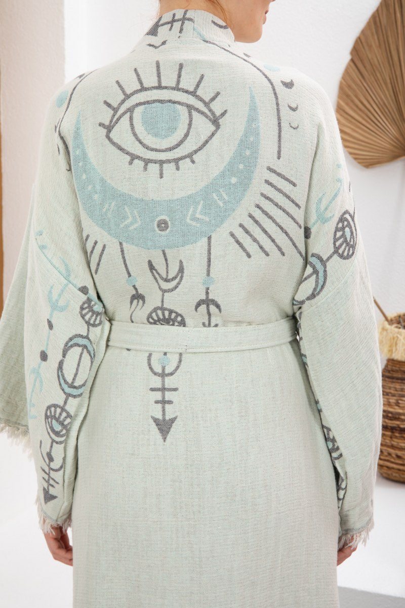 Su Yeşili Bohem Kadın Göz Desenli Doğal Kumaş Kimono Bornoz Kaftan
