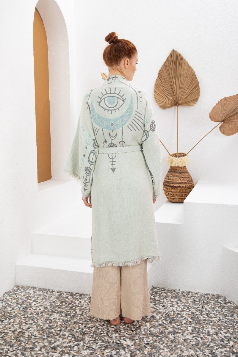 Su Yeşili Bohem Kadın Göz Desenli Doğal Kumaş Kimono Bornoz Kaftan