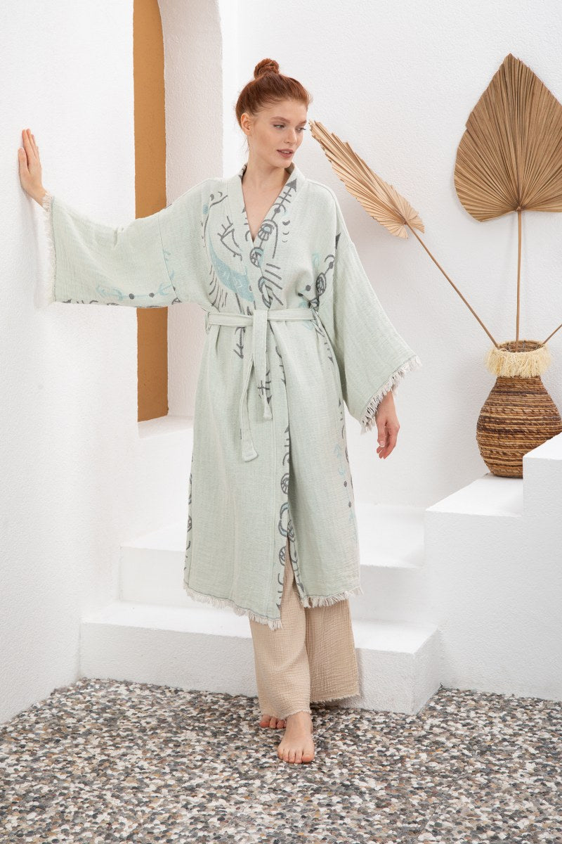 Su Yeşili Bohem Kadın Göz Desenli Doğal Kumaş Kimono Bornoz Kaftan