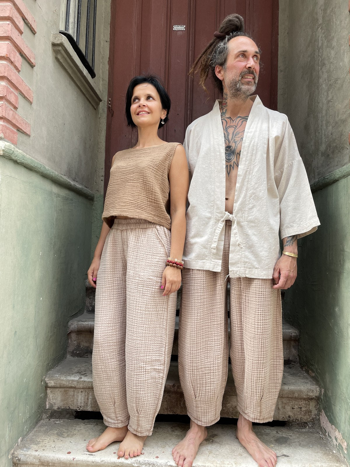 Bohem Müslin Taşlanmış Bej Erkek Pantolon