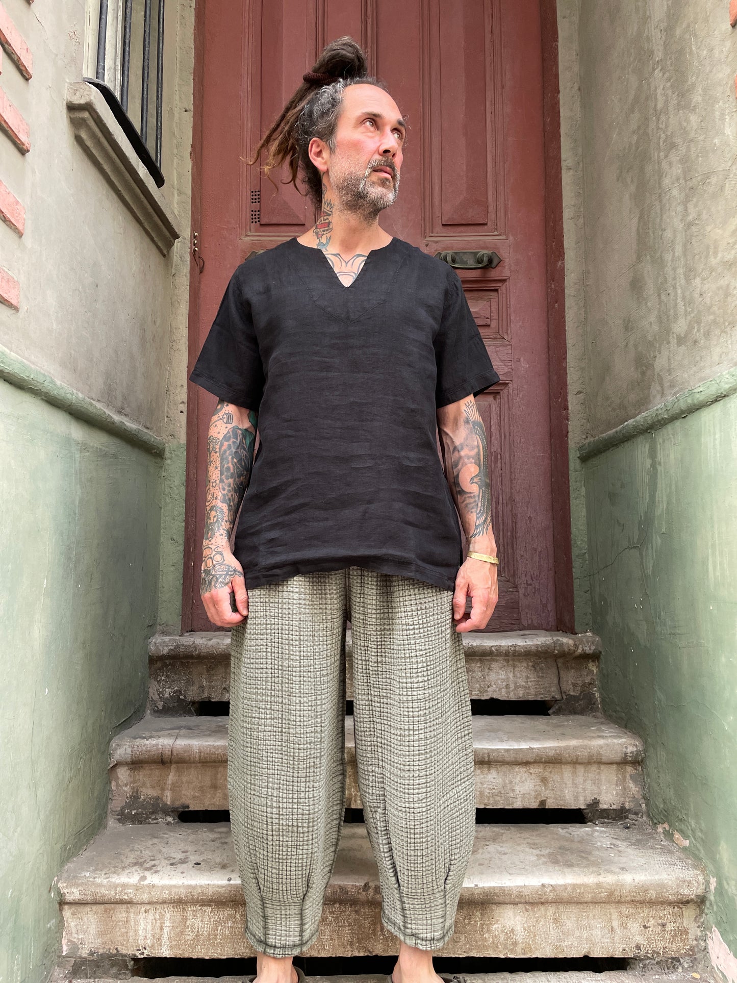 Bohem Müslin Taşlanmış Haki Erkek Pantolon