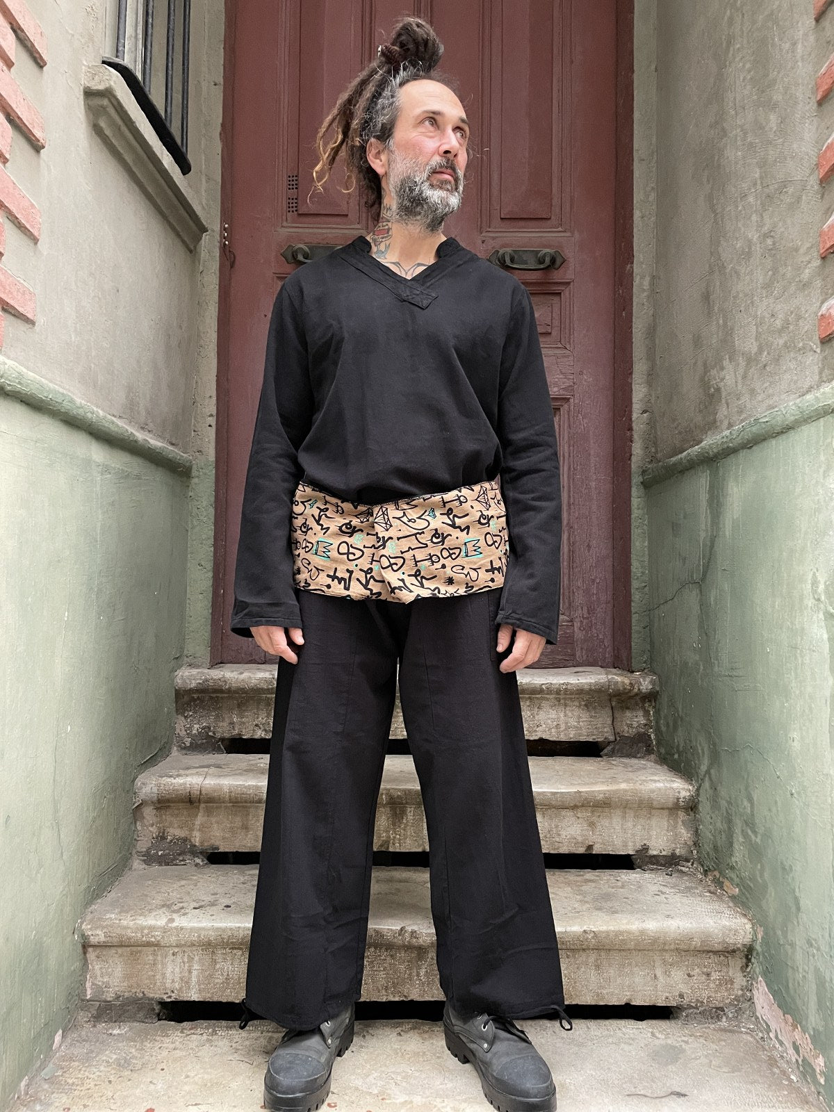 Unisex Etnik Desen Siyah Thai Balıkçı Pantolon