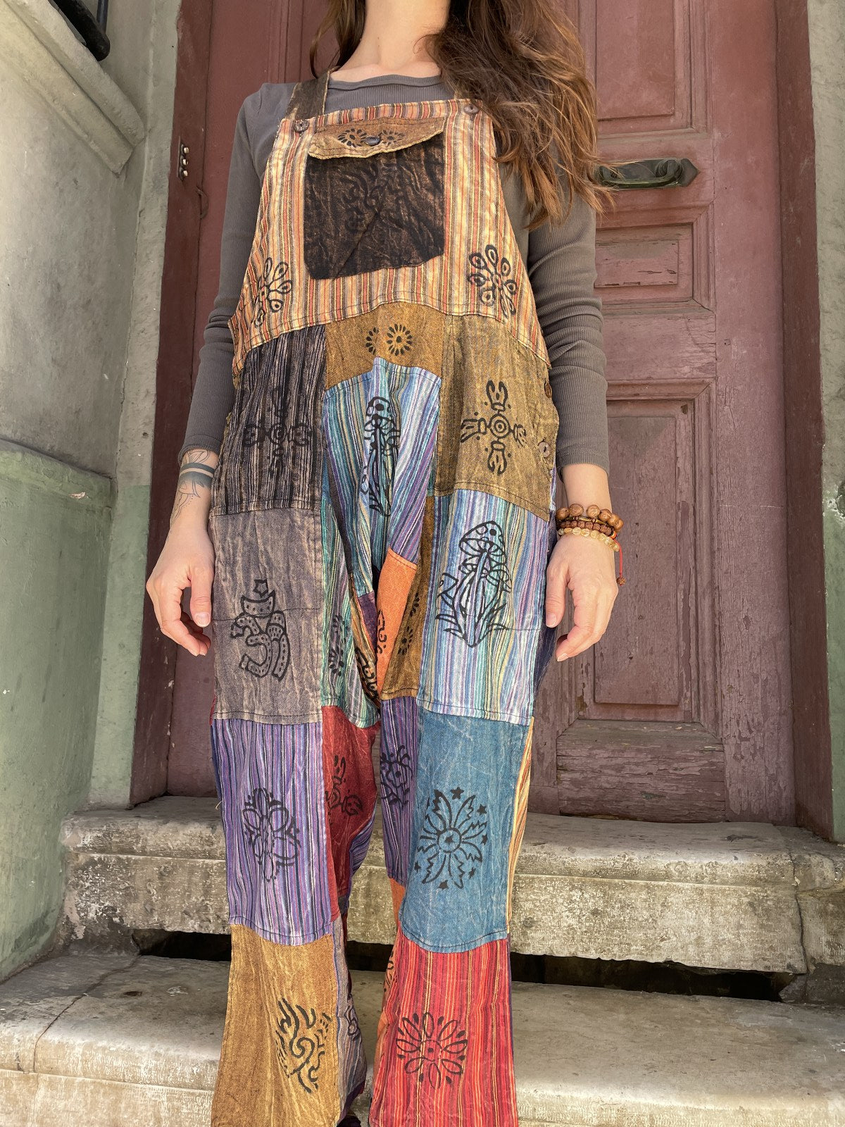 Unisex Toprak Mavi Nepal Patchwork Tulum