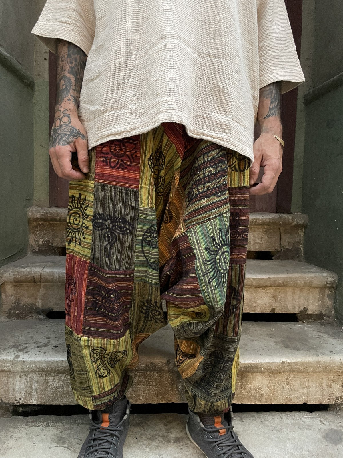 Unisex Nepal Toprak Yeşil Patchwork Şalvar
