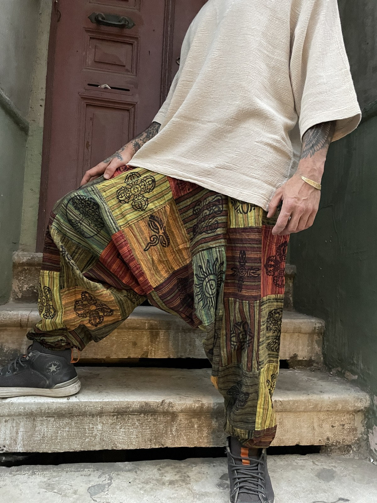 Unisex Nepal Toprak Yeşil Patchwork Şalvar