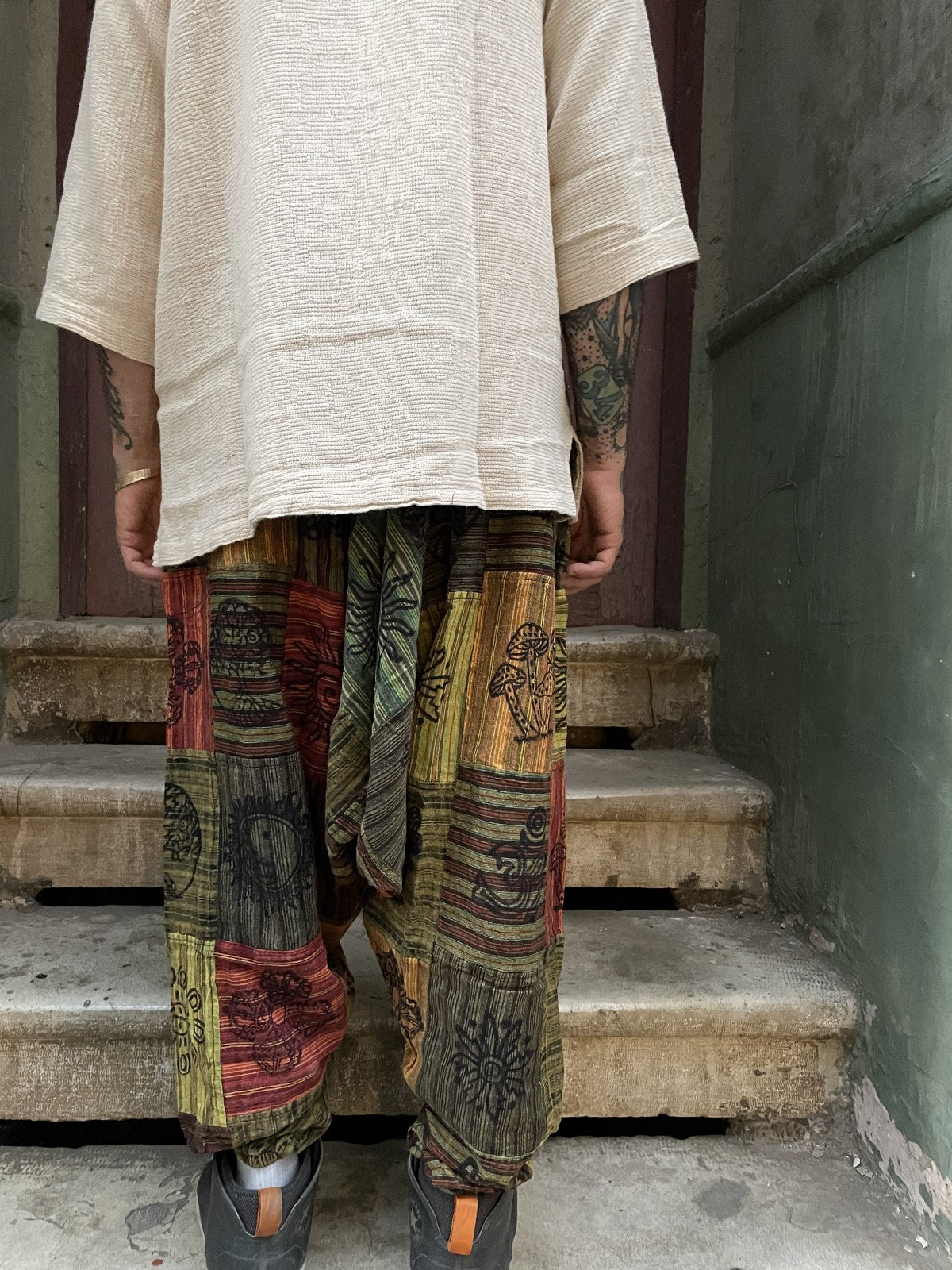 Unisex Nepal Toprak Yeşil Patchwork Şalvar