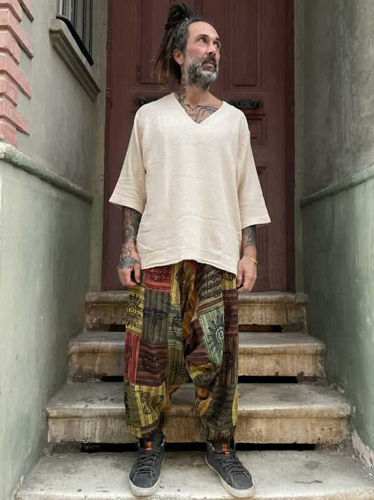 Unisex Nepal Toprak Yeşil Patchwork Şalvar
