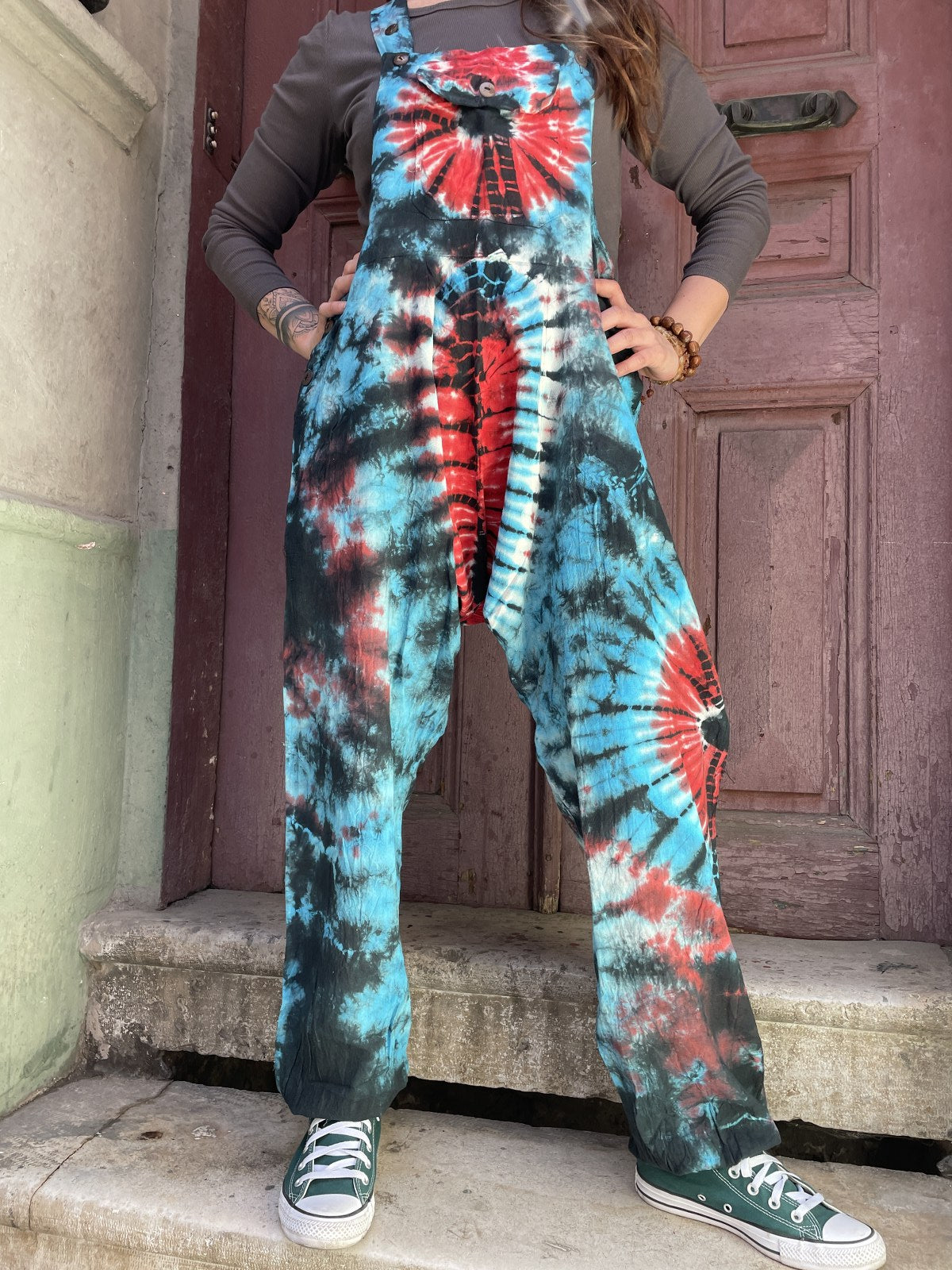 Unisex Mavi Kırmızı Nepal Batik Tulum