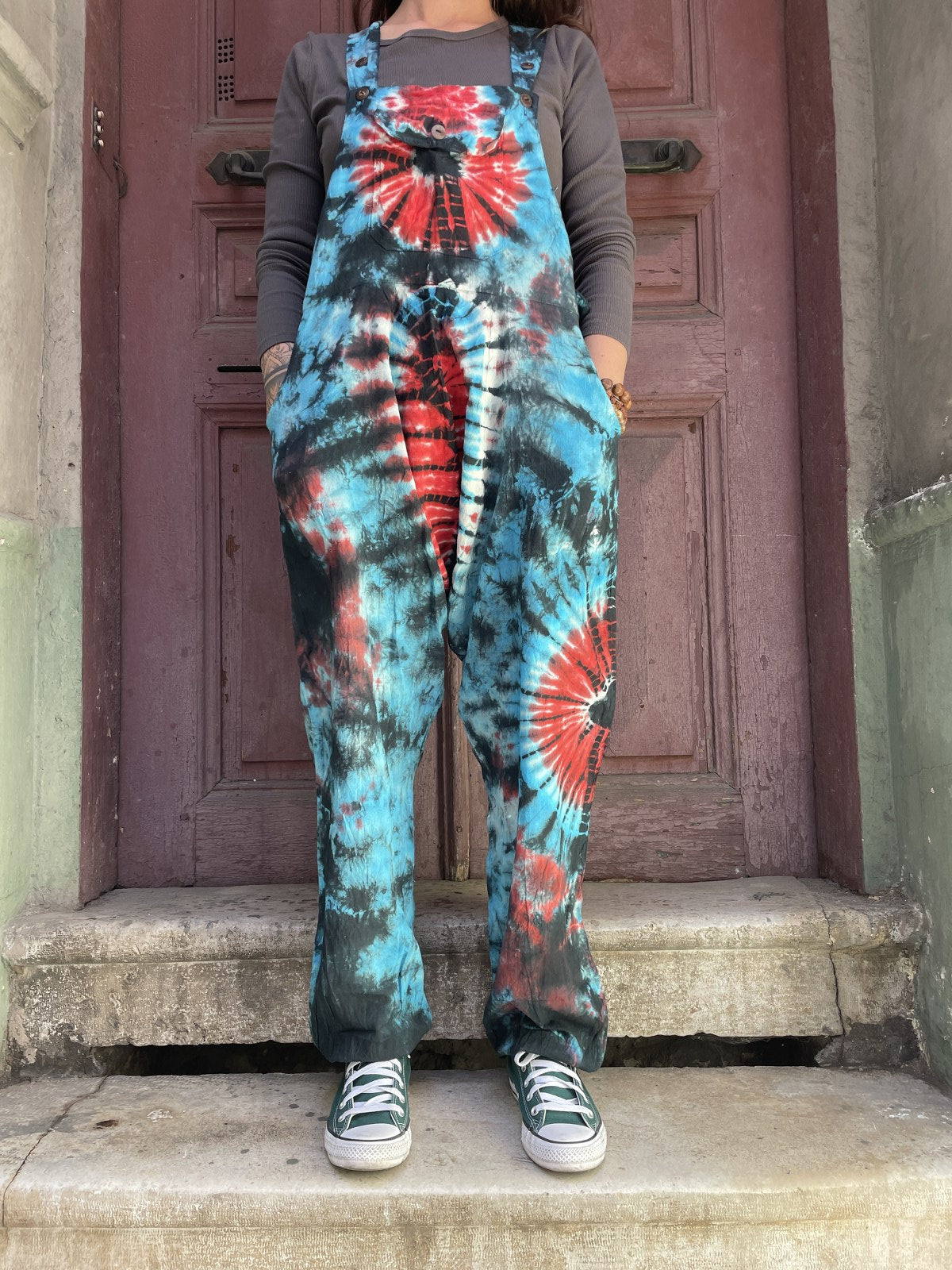 Unisex Mavi Kırmızı Nepal Batik Tulum