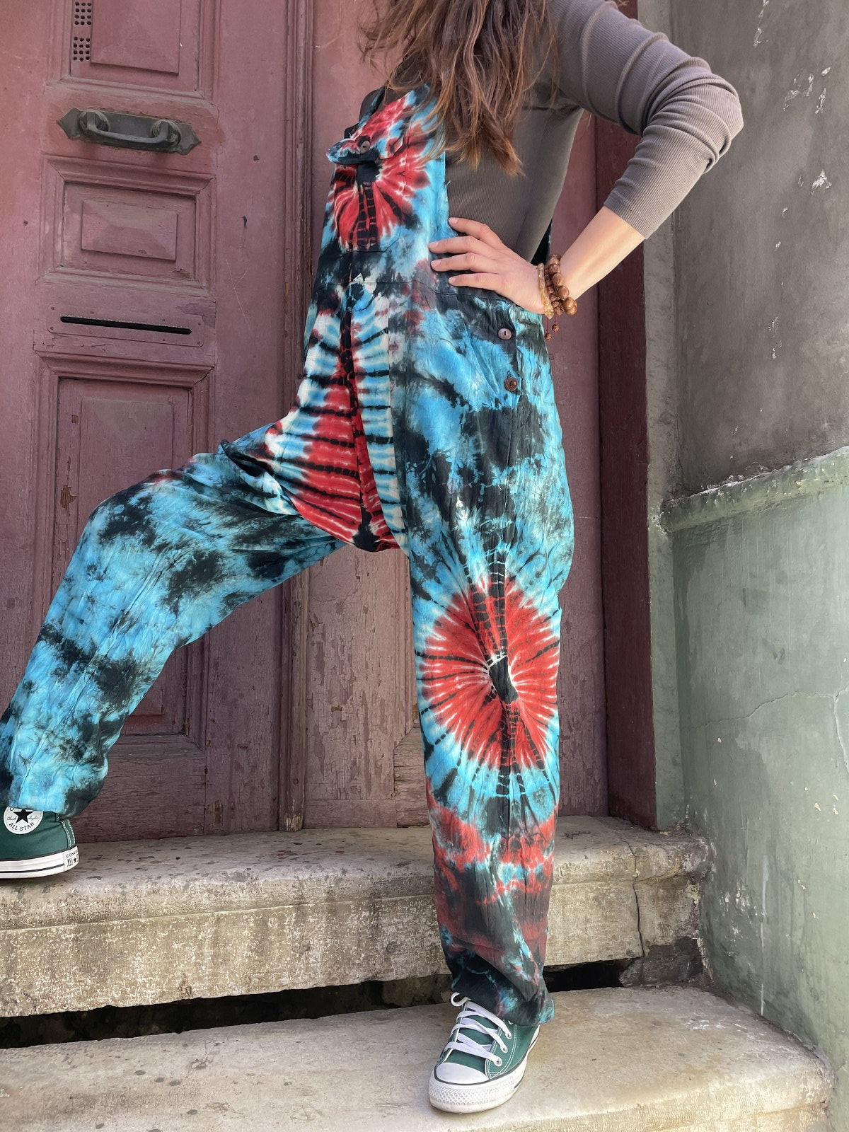 Unisex Mavi Kırmızı Nepal Batik Tulum