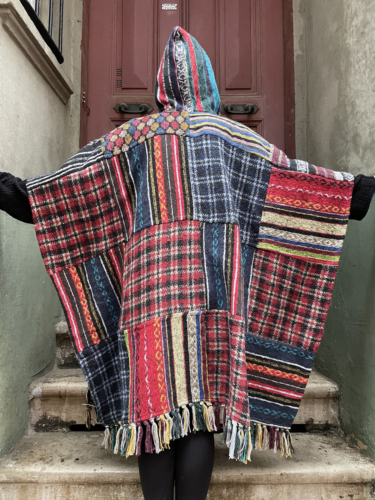 Unisex Nepal Gheri Çizgili Turkuaz Kilim Panço