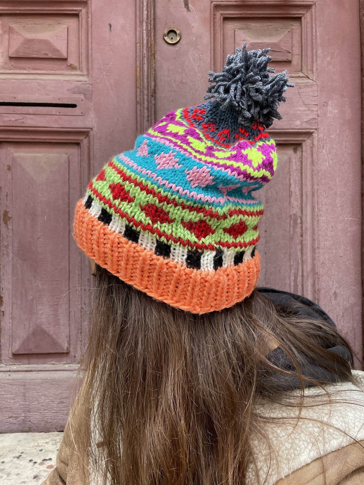 Bohem Turuncu Siyah Motifli Yün Bere Eldiven Takımı