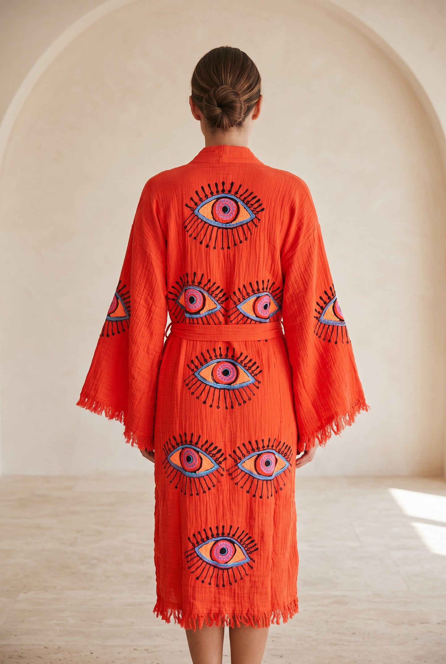 Göz Desenli Müslin Kimono Kaftan – Turuncu