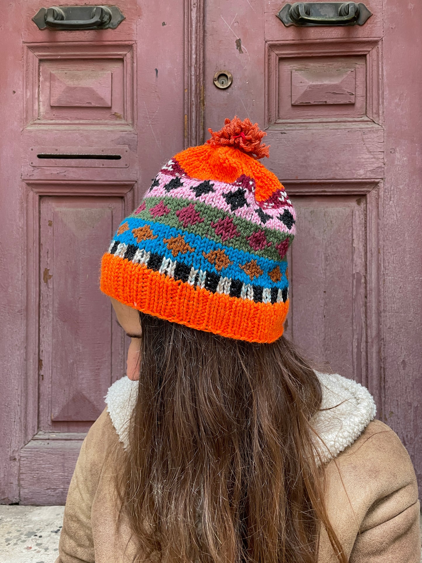 Bohem Turuncu Yeşil Motifli Yün Bere Eldiven Takımı