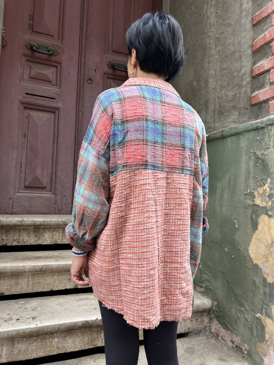 Kadın Patchwork Oversize Oduncu Gömlek
