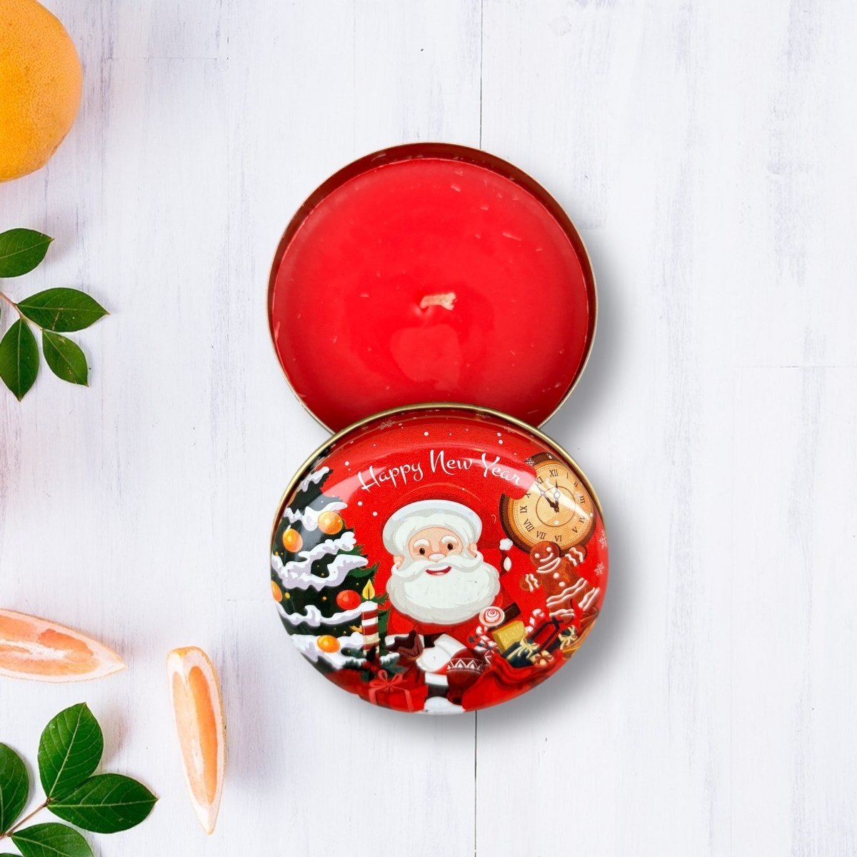 Yılbaşı Noel Baba Temalı Metal Kutuda Kokulu Mum – Yeni Yıl Hediyesi - Kırmızı