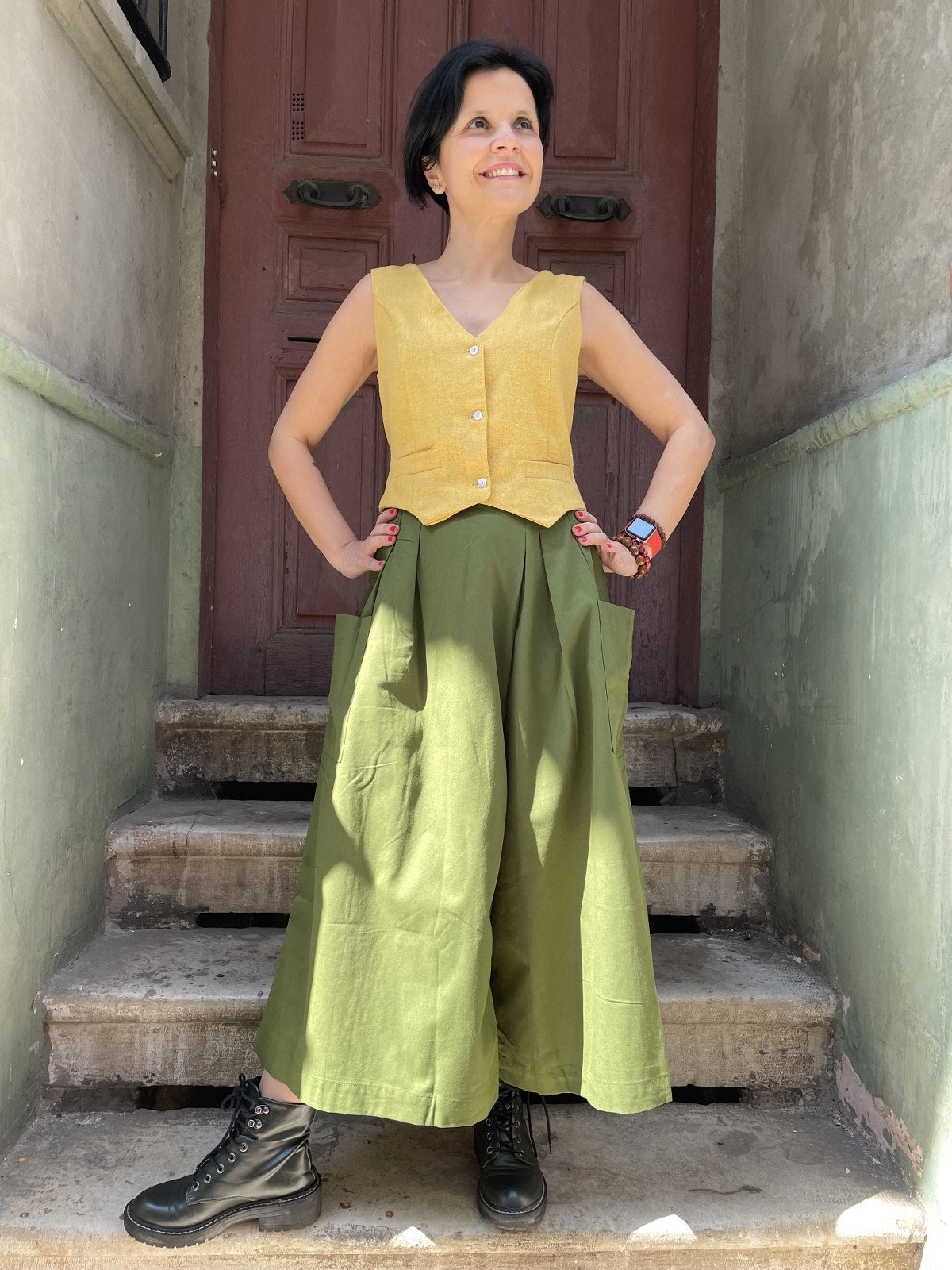 Bohem Yeşil Bol Paça Salaş Kadın Pantolon