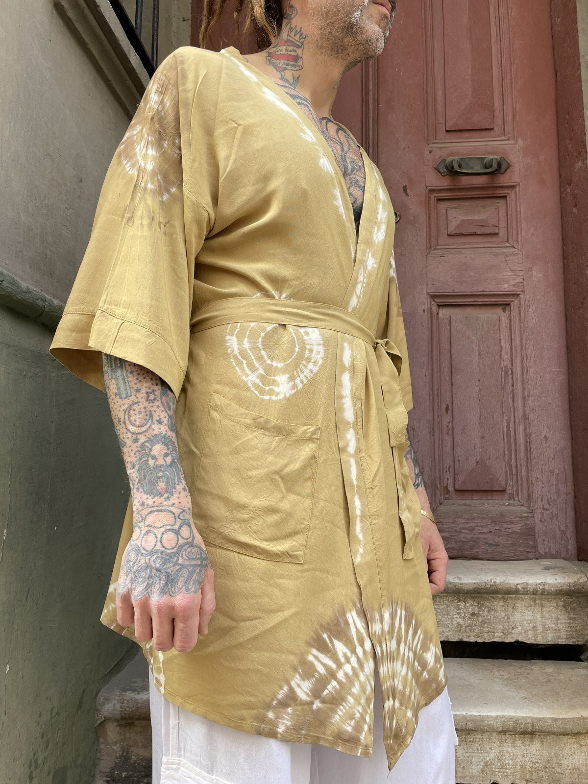 Unisex Bohem Yeşil Batik Tasarım Erkek Kimono Ceket