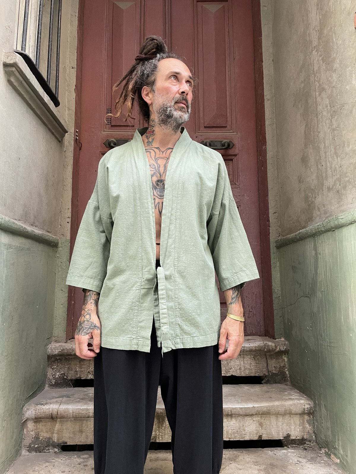 Bohem Dokuma Yeşil Erkek Kimono Ceket