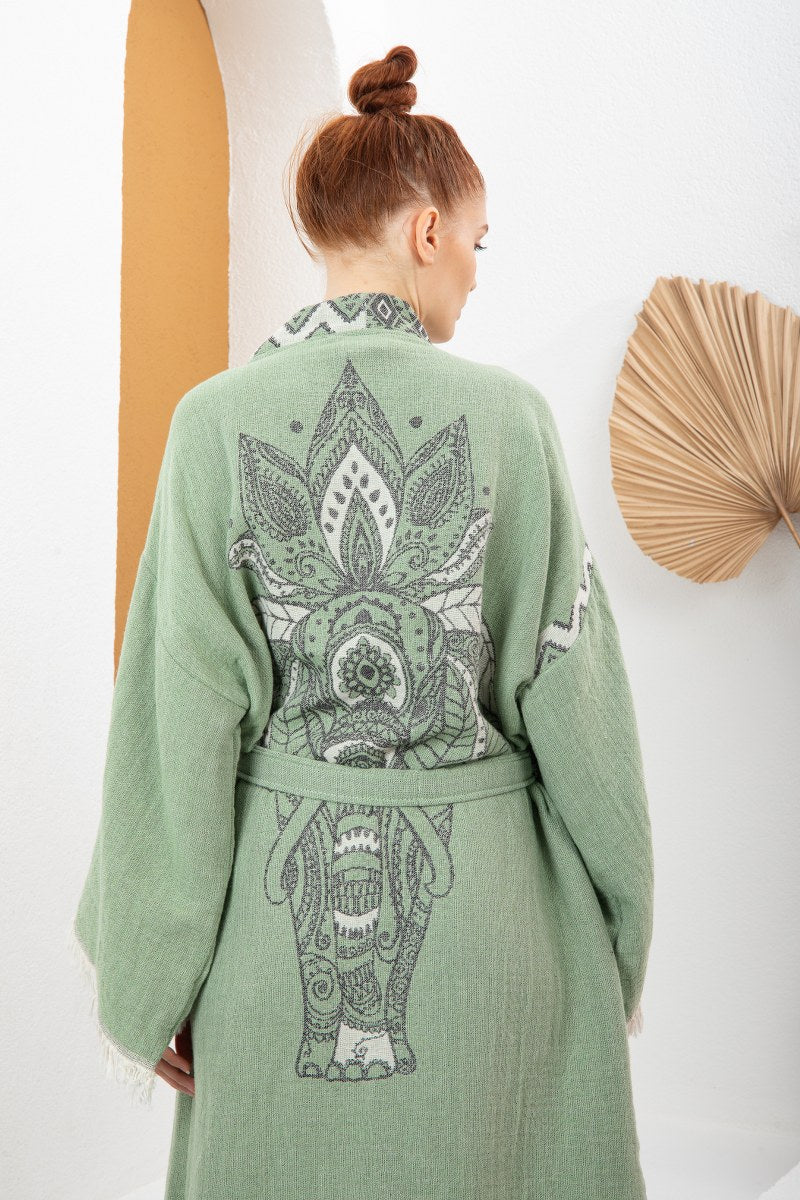 Yeşil Bohem Kadın Fil Desenli Doğal Kumaş Kimono Bornoz Kaftan