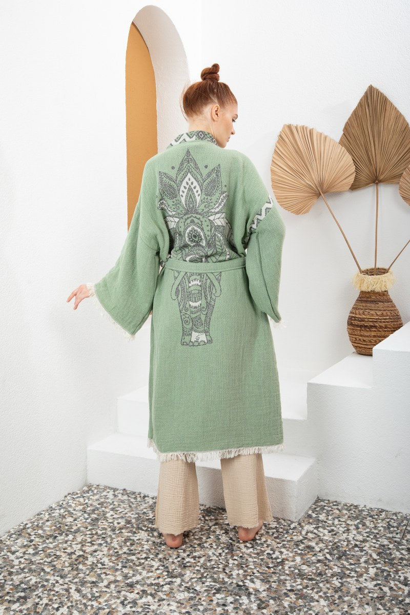 Yeşil Bohem Kadın Fil Desenli Doğal Kumaş Kimono Bornoz Kaftan