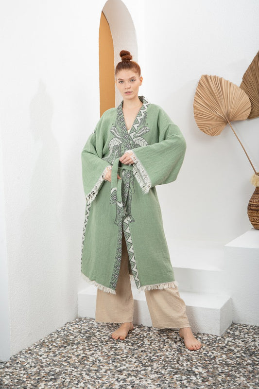Yeşil Bohem Kadın Fil Desenli Doğal Kumaş Kimono Bornoz Kaftan