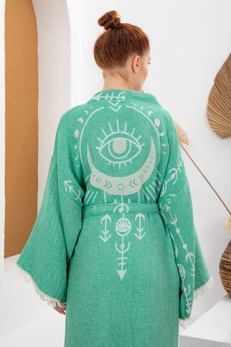 Soft Yeşil Bohem Kadın Göz Desenli Doğal Kumaş Kimono Bornoz Kaftan