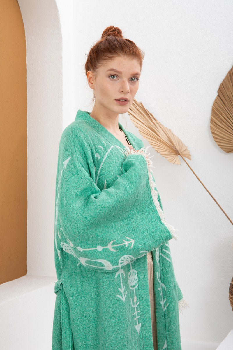 Soft Yeşil Bohem Kadın Göz Desenli Doğal Kumaş Kimono Bornoz Kaftan