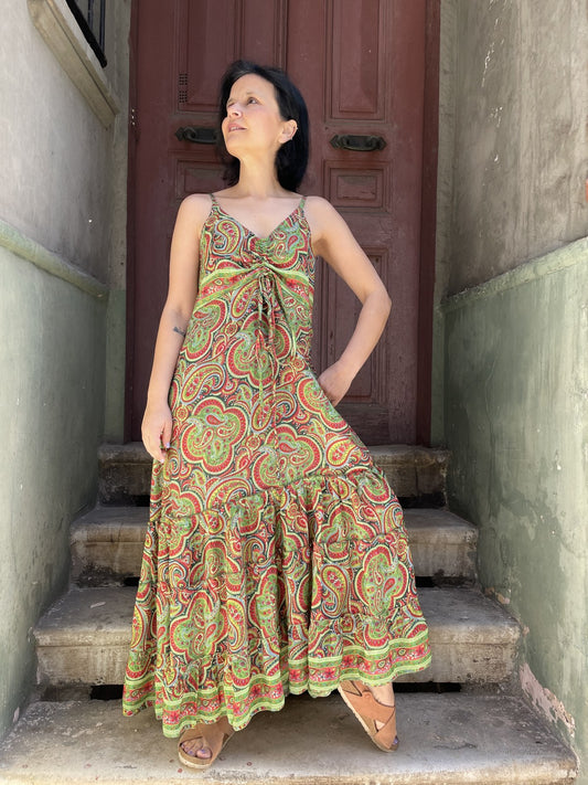 Bohem Nepal Askılı Kol Yeşil İpek Elbise