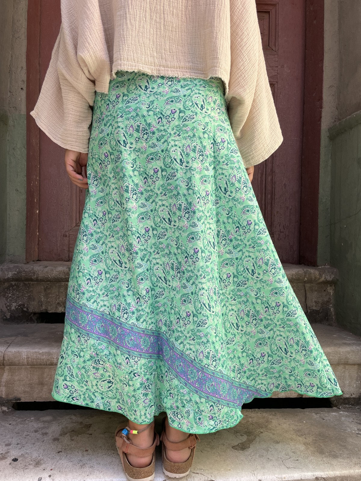 Bohem Desenli Yeşil Bağlamalı İpek Etek