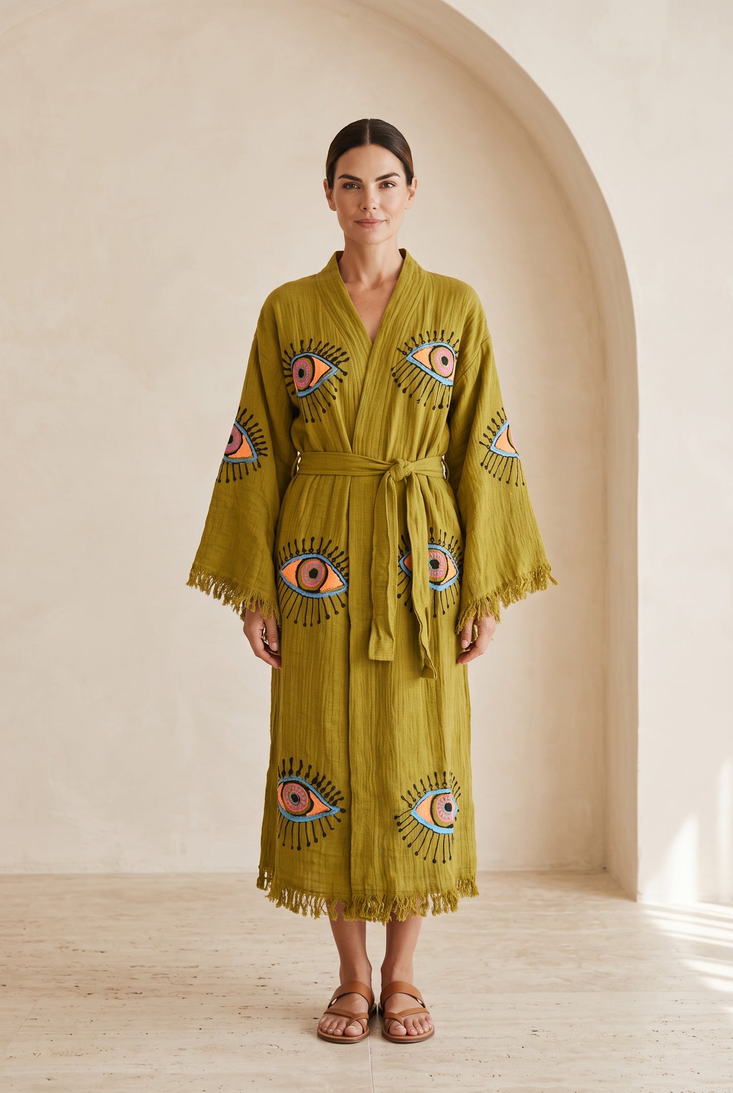 Göz Desenli Müslin Kimono Kaftan – Yeşil