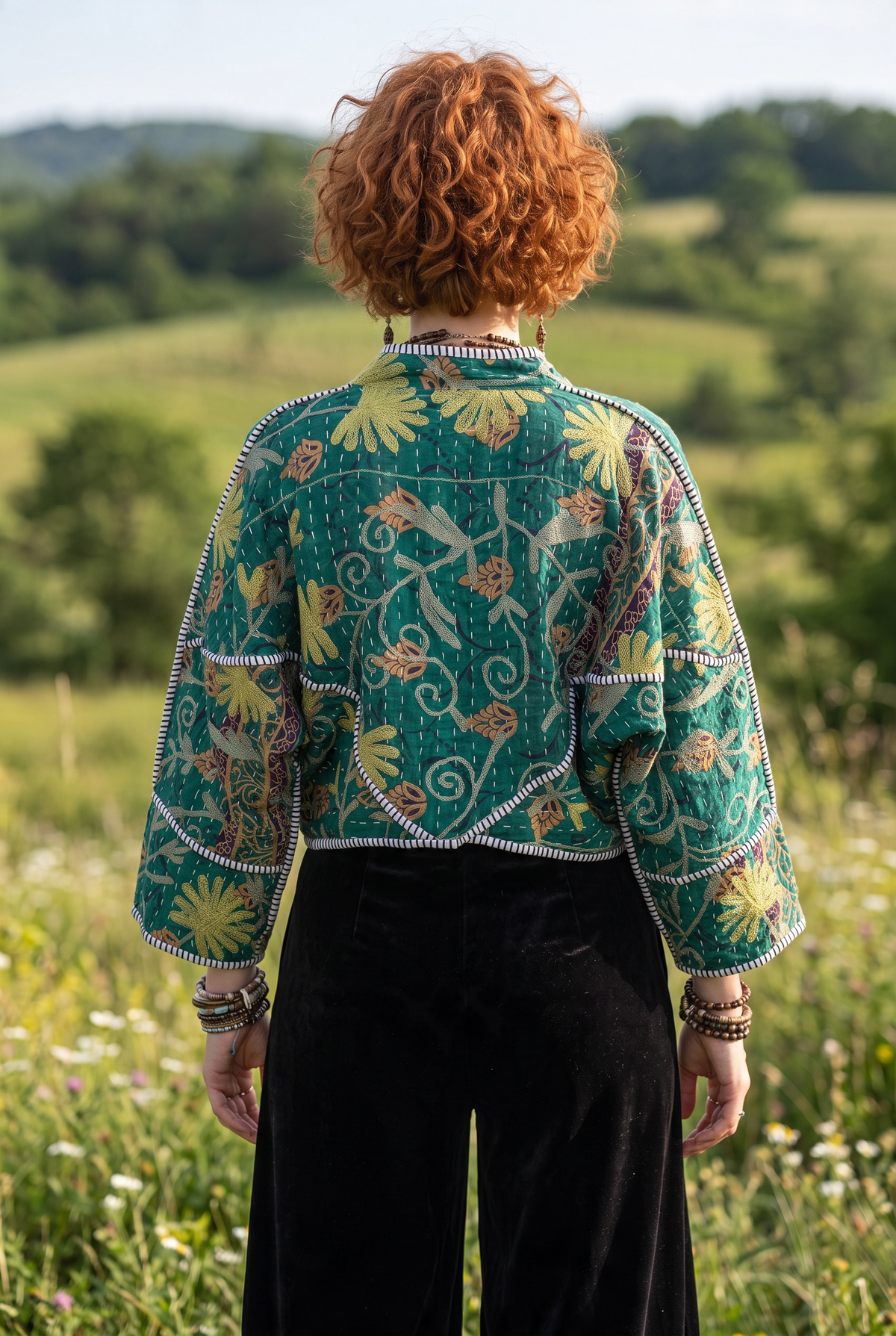 Verdina Kantha – Yeşil Çiçek Desenli Özel Dikişli Bohem Kadın Ceket