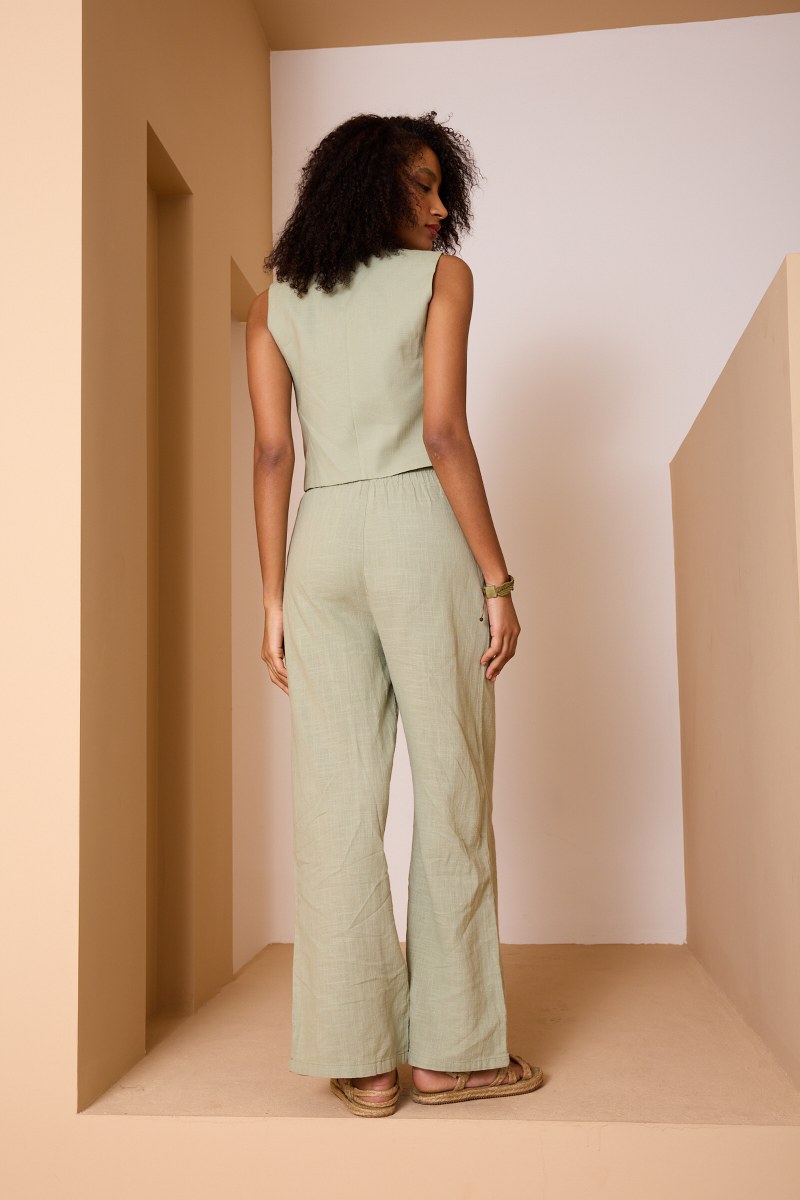 Bağcıklı Keten Ceket & Pantolon Takımı – Yeşil