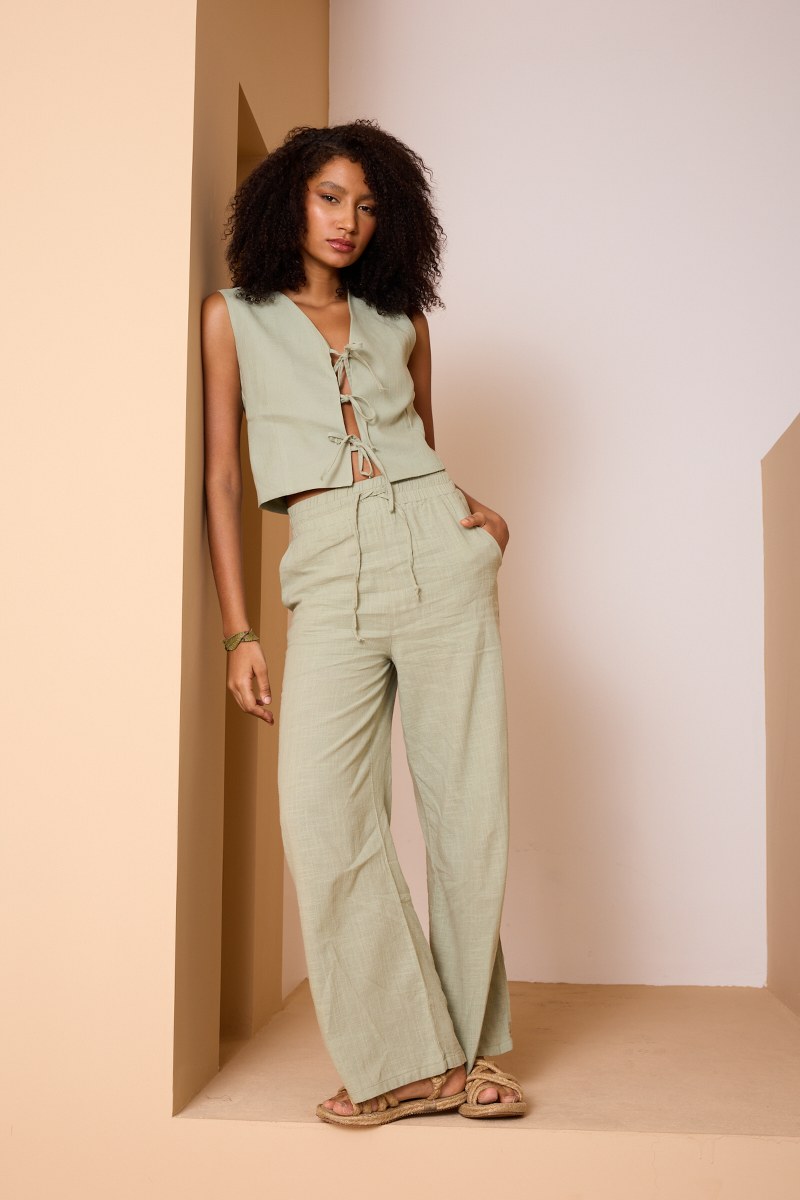Bağcıklı Keten Ceket & Pantolon Takımı – Yeşil