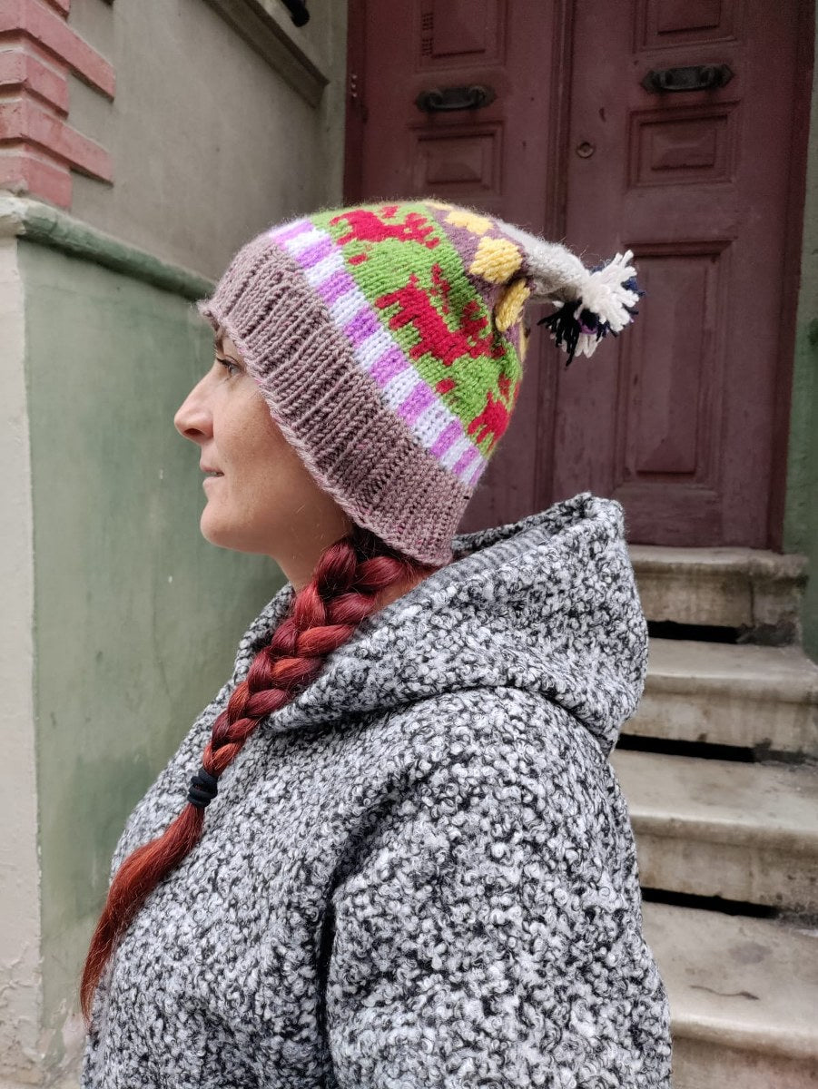 Bohem Geyik Desenli Açık Mürdüm Yeşil Bere