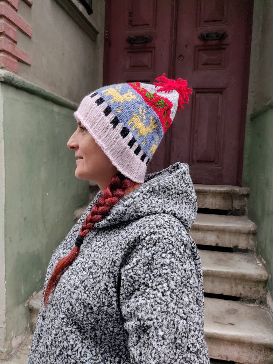 Bohem Geyik Desenli Açık Pembe Mavi Bere