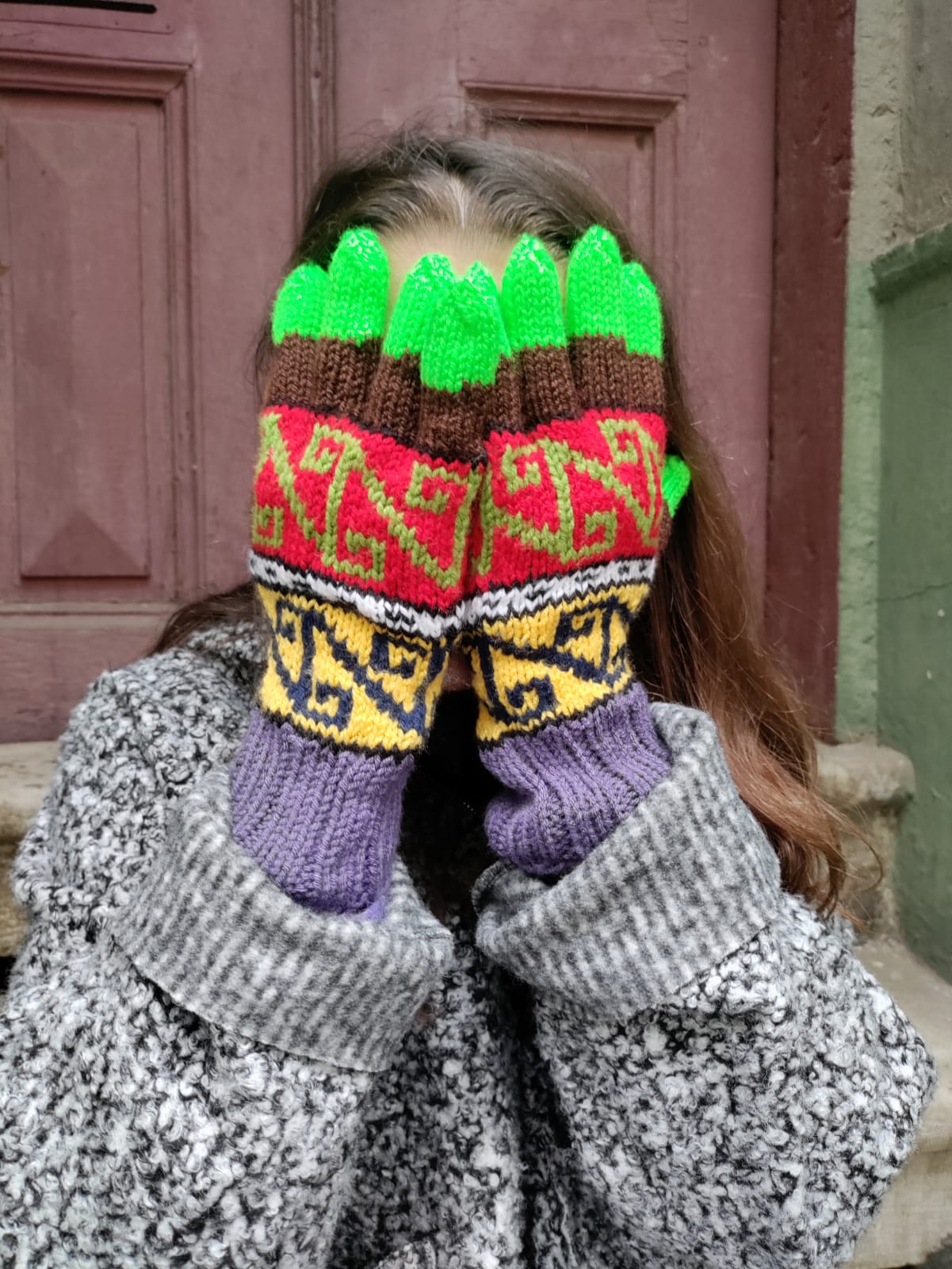 Bohem Etnik Desenli Yün Lila Sarı Eldiven