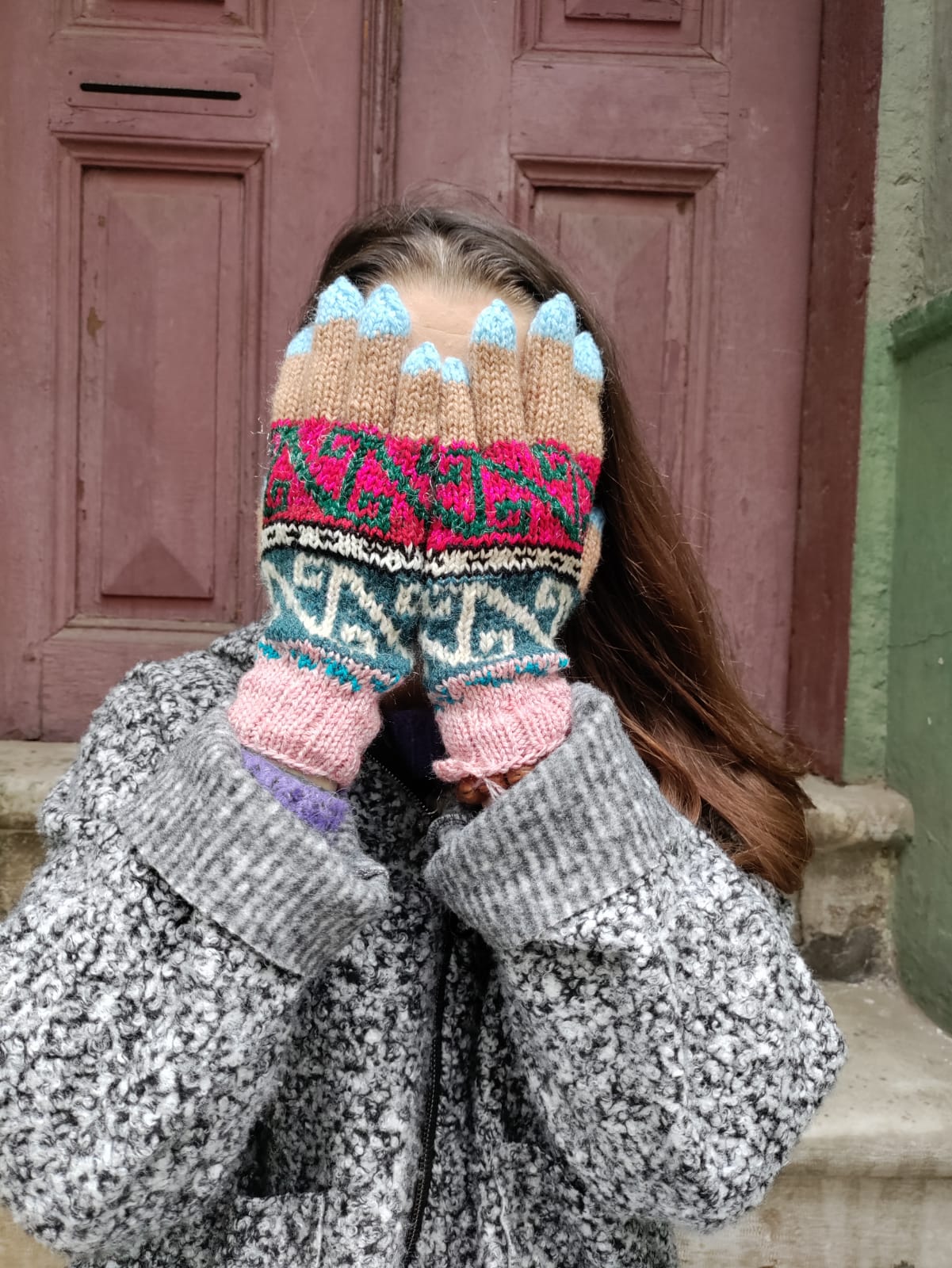 Bohem Etnik Desenli Yün Pembe Yeşil Eldiven