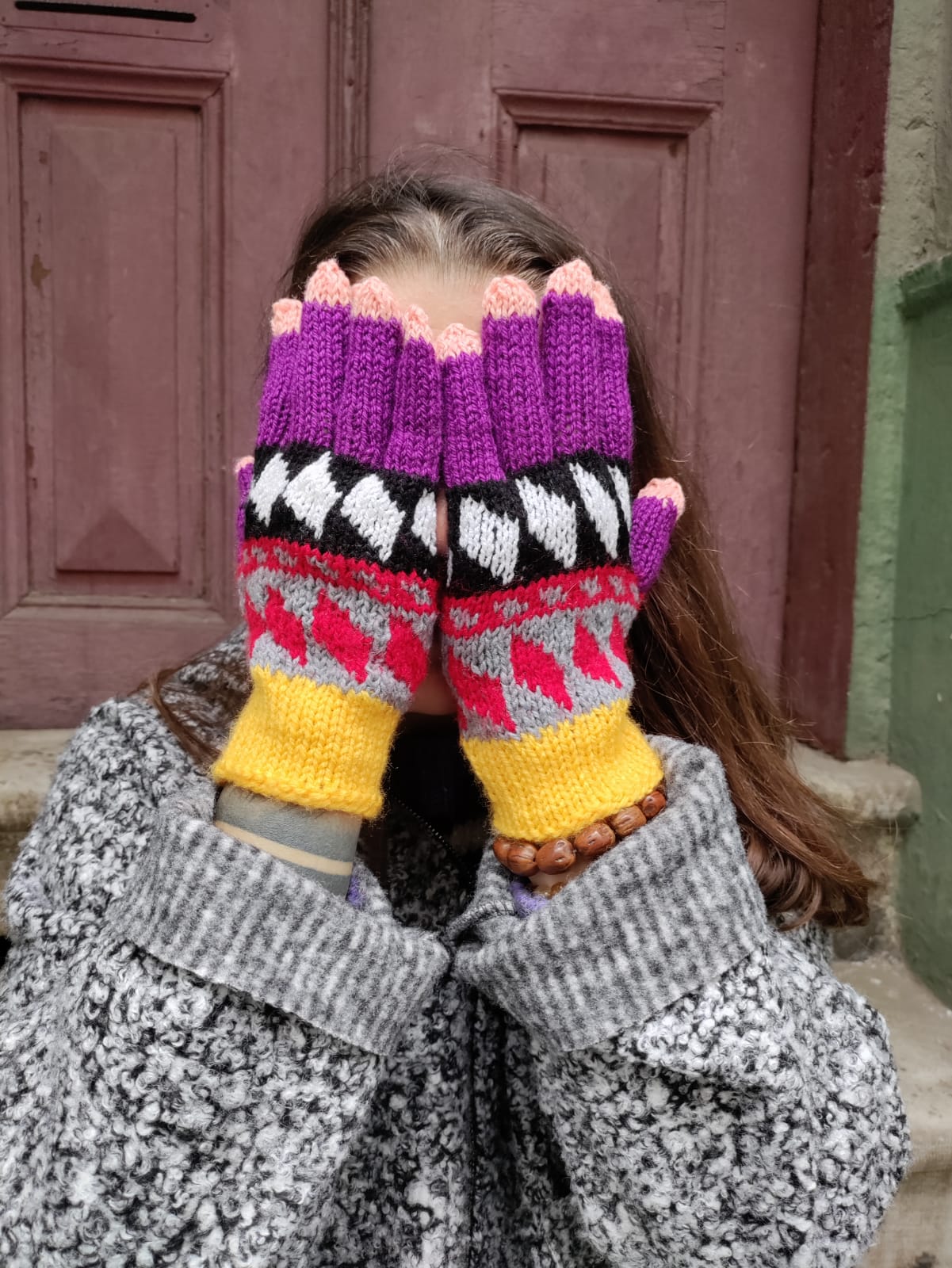 Bohem Etnik Desenli Yün Sarı Gri Eldiven