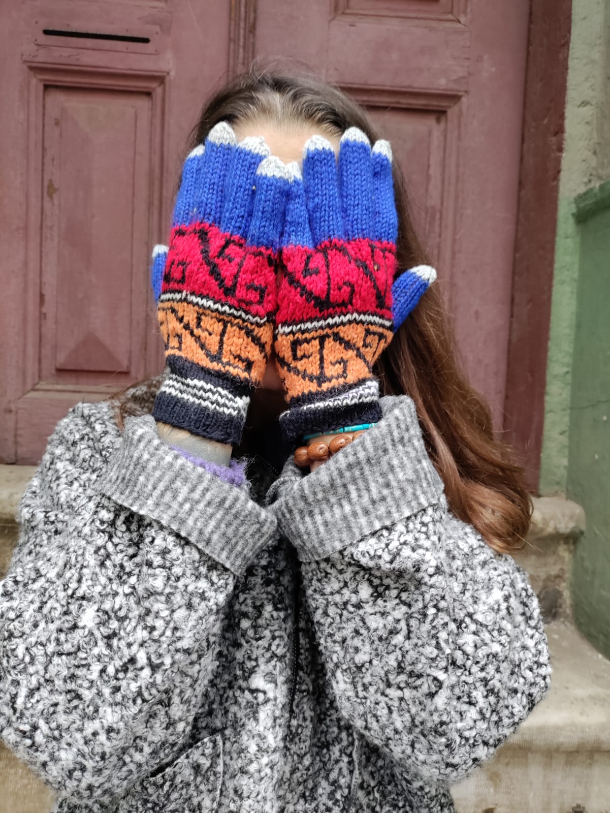 Bohem Etnik Desenli Yün Siyah Turuncu Eldiven