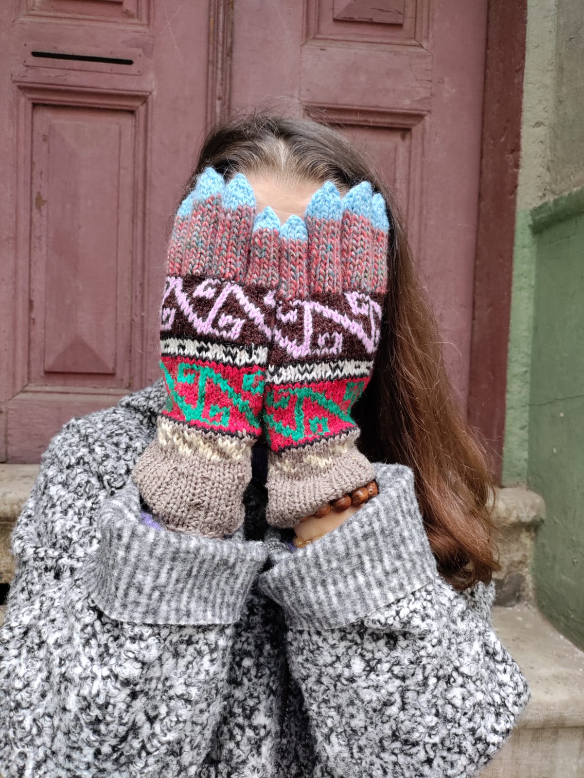 Bohem Etnik Desenli Yün Süt Kahve Kırmızı Eldiven