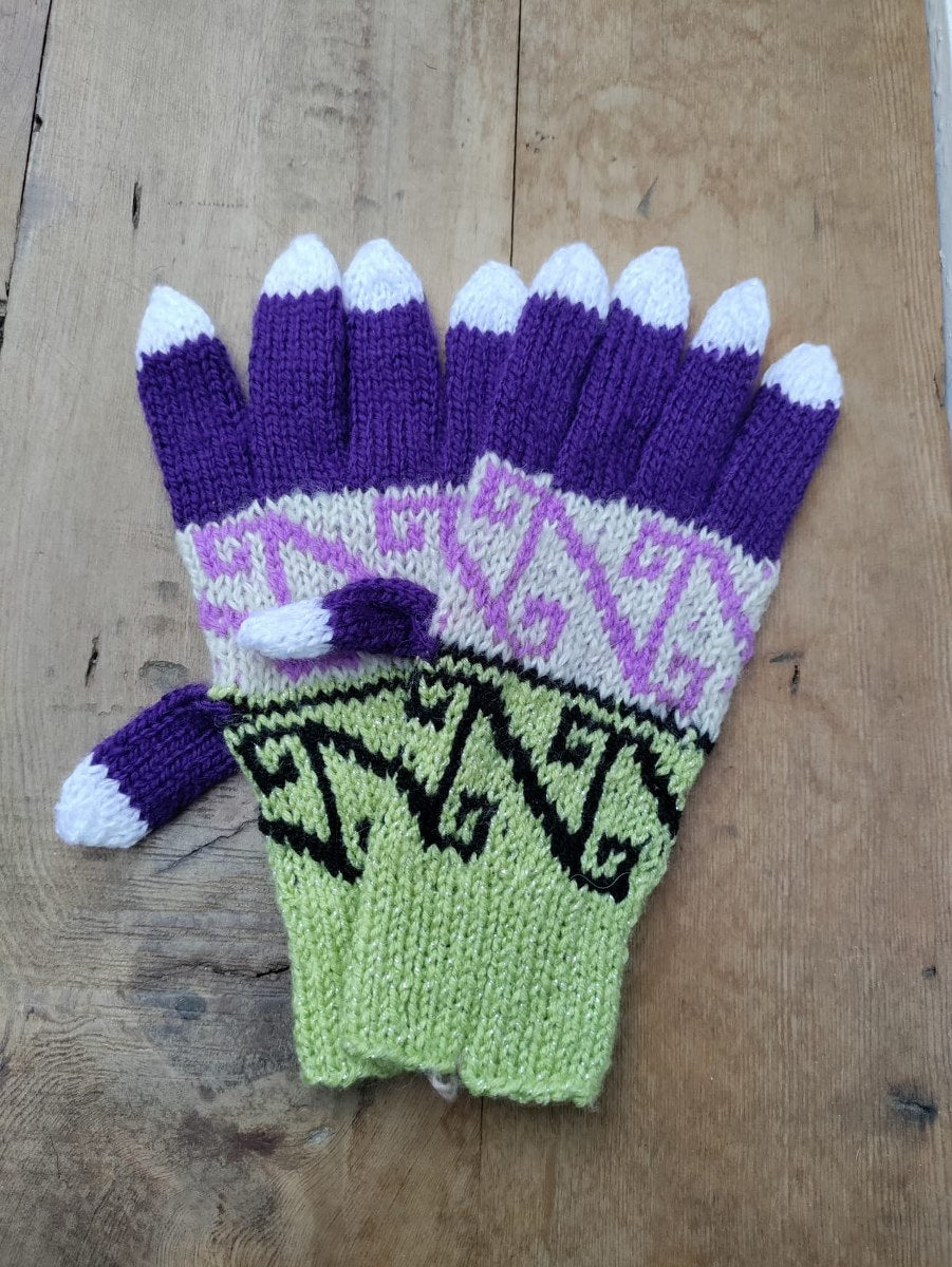 Bohem Etnik Desenli Yün Koyu Eflatun Beyaz Eldiven