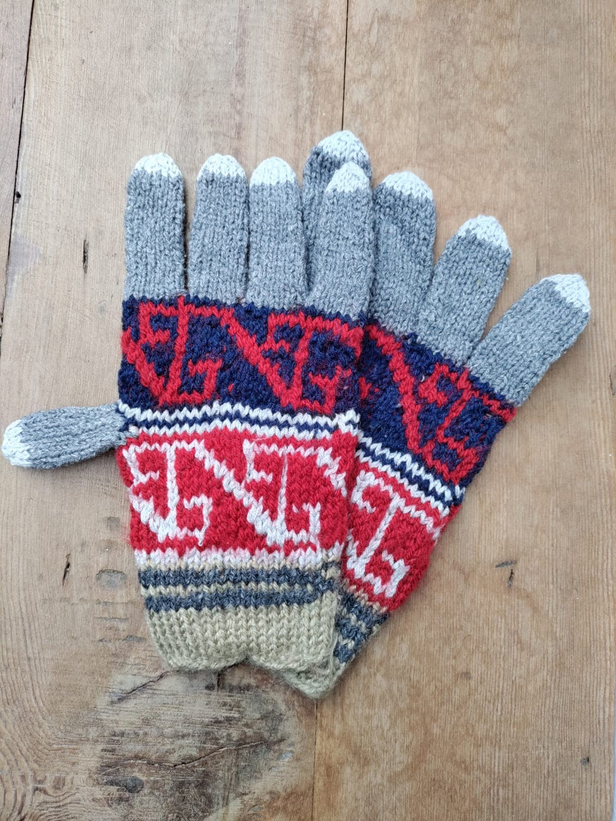 Bohem Etnik Desenli Yün Gri Lacivert Kırmızı Eldiven